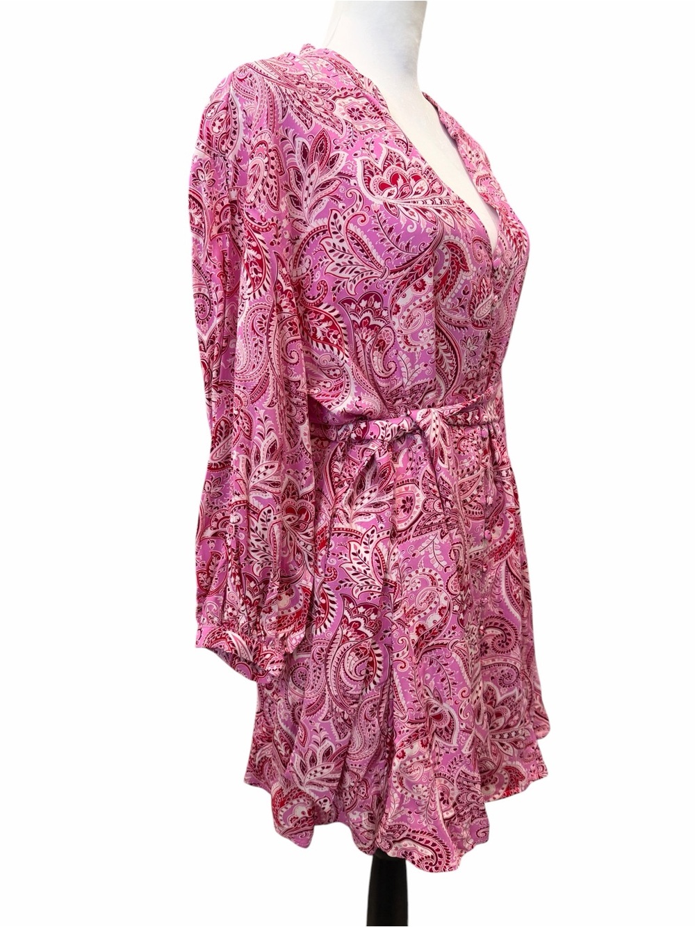 Zara Paisley Shirt Dress Tie Waist Button Front Ruffle Boho Pink XL RUNS SMALL - Picture 5 of 16